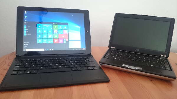 Chuwi Hi10 Plus im Tastaturcover neben JVC MP-XP 741